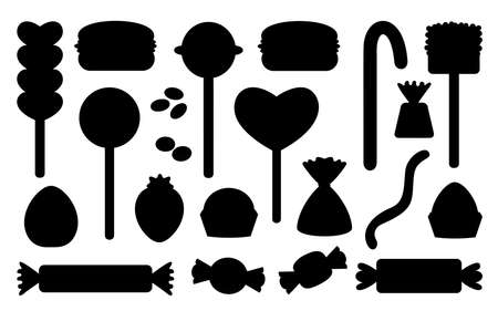 Candy sweets, marshmallow, hard candy on stick, dragee, macaroon, jelly worm, chocolate heart, strawberry, silhouette black set. Flat and cartoon style. Assorted bonbon isolated on white backgroundのイラスト素材