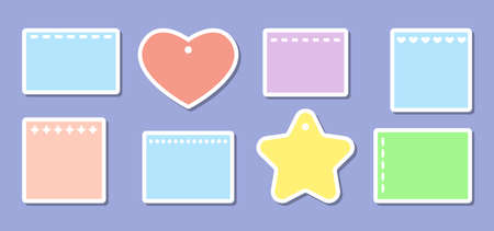 Note sticker colorful set. Blank sheets with different holes, to do list, sticky note, torn piece of paper and notebook page, different shapes star, square, heart, rectangle. Vector illustrationのイラスト素材