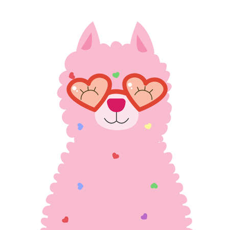 Llama alpaca cute pink color fur wool wearing glasses shape of heart and smile isolated on white background. Vector illustration for poster, case, textile, party invitations, postcardsのイラスト素材