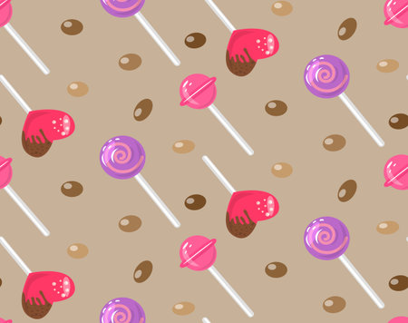 Candy seamless pattern brown background with colorful sweets, delicious caramels, hearts, lollipops, chocolate dragee. Design decor for textiles, menus, children dishes, notebooks. Vector illustrationのイラスト素材