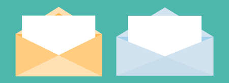 Envelopes realistic symmetrical business with open white paper mail letter set isolated on aquamarine background. Flat style. Mail icon for web design and print. Vector illustrationのイラスト素材