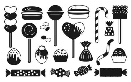 Candy sweets, marshmallow, hard candy on stick, dragee, macaroon, jelly worm, chocolate heart, strawberry, glyph set. Flat and cartoon style. Assorted bonbon isolated on white background. Vectorのイラスト素材