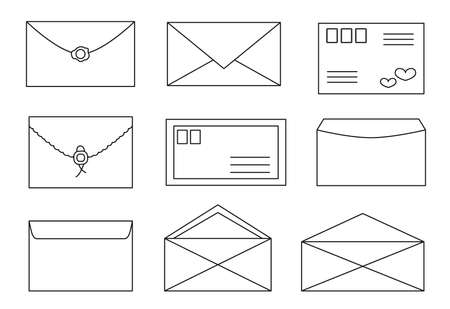 Envelope line outline contour with mail and post card set with post stamps, sealing wax. Letter opening and closing designs collection for website with element. Flat style. Vector illustrationのイラスト素材