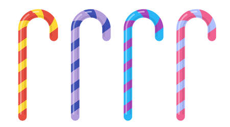 Candy cane sweet striped colorful cartoon christmas set. Design for greeting card on Christmas and New Year. Realistic xmas candy cane bonbon isolated on white background. Vector illustrationのイラスト素材