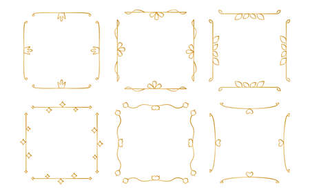 Dividers gold decorative square frames retro royal ornamental vintage premium set. Borders for design menu, website, sertificate, greeting wedding invite and other documents. Vector illustrationのイラスト素材