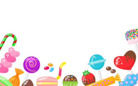 Candy sweets, marshmallow, hard candy on stick, dragee, macaroon, jelly worm, chocolate heart, strawberry, colorful set. Design for candys shop banner. Bonbon isolated on white background. Vectorのイラスト素材