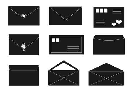 Envelope silhouette glyph with mail and post card set with post stamps, sealing wax. Letter opening and closing designs collection for website with details and element. Flat style. Vector illustrationのイラスト素材