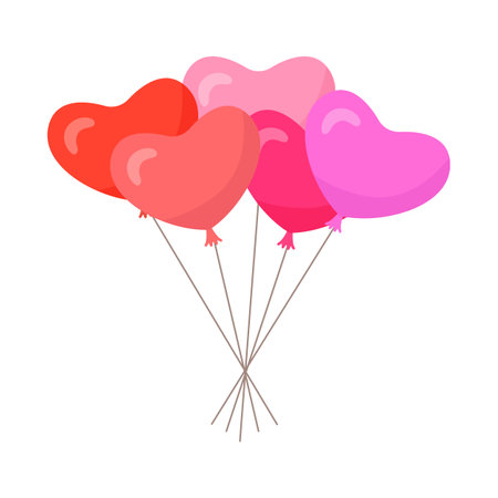 Balloon pink red heart bundle helium air with rope flat style. Saint Valentine holiday. Balls isolated on white background. Happy birthday, party concept, celebration, advertising, anniversary. Vectorのイラスト素材