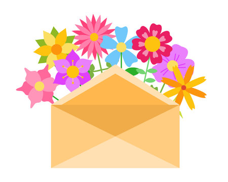 Envelope letter mail with spring and summer flowers flat vector illustration isolated on white background. Hello spring and flower delivery concept. Happy Valentines Day. International Womens Dayのイラスト素材