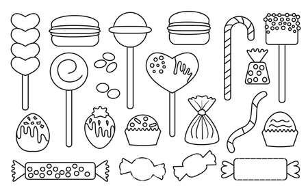 Candy sweets, assorted bonbon, marshmallow, hard candy on stick, dragee, macaroon, jelly worm, chocolate heart, strawberry, line, contour, outline set. Flat style candys isolated on white backgroundのイラスト素材