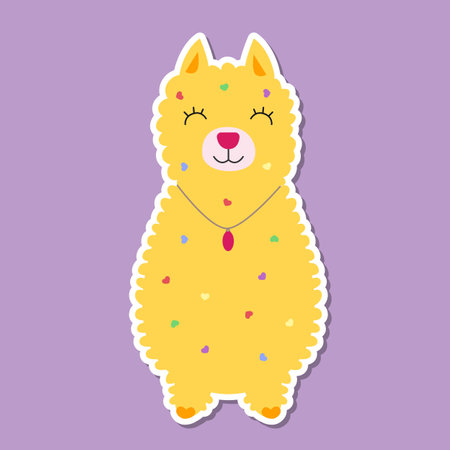 Alpaca llama wearing a necklace, a medallion around his neck and smiling, sticker, label. Happy birthday greeting card, banner or poster for textile, case or print. Vector illustrationのイラスト素材