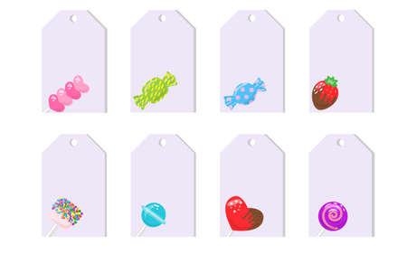 Candy frame badge template sweets, marshmallow, hard candy on stick, jelly worm, chocolate heart, strawberry. Decor for candys shop banner. Bonbon for cafe and restaurant menu. Vector illustrationのイラスト素材