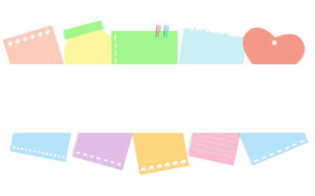Note stickers and labels with shadows and clips and tape. Office and school stationery, memo stickers. Templates frame for a note message isolated on white background. Vector illustrationのイラスト素材