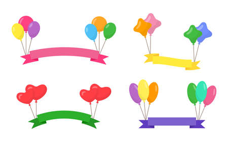 Balloon air with ribbons flags and rope holiday banner flat style set. Balls isolated on white background. Happy birthday, party concept, celebration, advertising, anniversary. Vector illustrationのイラスト素材