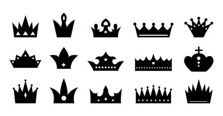 Crown icons silhouettes flat style set. Coronas for prince or princess ring and queen isolated on white background. Decor for website, price tag, products. Object for card. Heraldic element collectionのイラスト素材