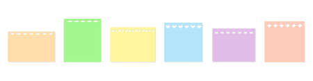 Note sticker colorful set. Blank sheets with different holes, to do list and office notice, sticky note, torn piece of paper and notebook page, shapes square and rectangle. Vector illustrationのイラスト素材