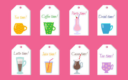 Cups, mugs, glasses made of glass and paper, template set with words. Coffee, tea, cocoa with marshmallows, juice with a straw, milkshake. Cartoon flat style. Design for coffee shop, cafe menuのイラスト素材