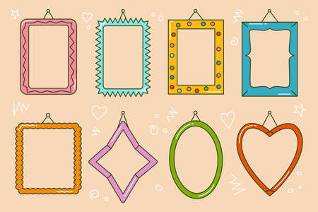 Frames line colored with various patterns and shadows for photos with hobnail on the wall set. Square, rectangle, oval, star, heart. Design elements isolated on white background. Vector illustrationのイラスト素材