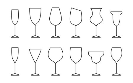 Wine glass line outline contour icon set in flat style. Sign object glasses for mobile app and website. Bar symbol,  for company or store. Simple concept, design element. Vector illustrationのイラスト素材