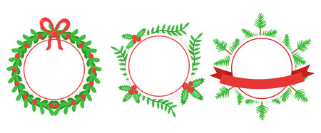 Spruce, berry, holly, yew, mistletoe and ivy flat template set isolated on white background. Christmas new year ornament with red ribbons for cards, websites. Design elements. Vector illustrationのイラスト素材