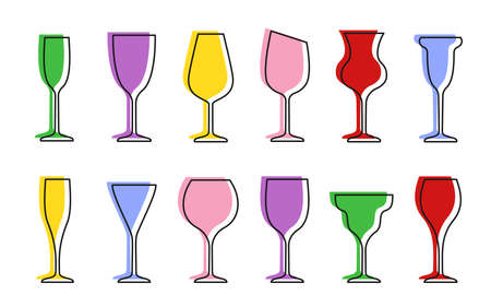 Wine glass thin line outline contour icon set in flat style. Sign object for mobile app and website. Bar symbol, logo for company or store. Simple concept, design alcohol element. Vector illustrationのイラスト素材
