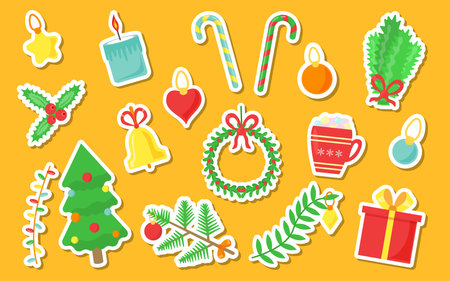 Christmas flat set sticker label of design elements isolated on yellow background. Tree, wreath with ribbon, mistletoe, candle, bell, branch, toys, garland, gift, candy stick and snowflakes. Vectorのイラスト素材