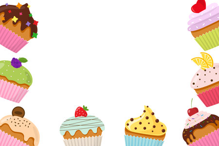 Muffin decorated with cherry, blackberry and mint, lemon, cookie, strawberry and topped with icing and chocolate isolated on white background. Postcard for invitation. Confectionery sign. Site header.のイラスト素材