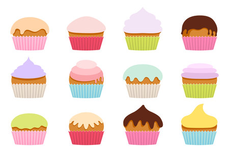 Cupcakes sweet delicious colored pastel colors simple shapes set. Muffins with cream, icing,...