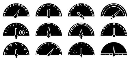 Speedometers and indicators, scales line glyph silhouette icon set isolated on white background. Collection of rating with different shapes of arrows. Fast and slow speed signs. Vector illustrationのイラスト素材