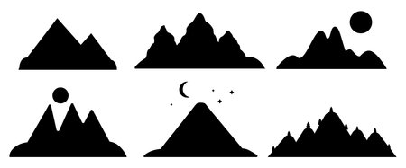 Mountains black silhouette contour set. Desert, snowy hill, volcano. Icons and logo object or elements for companies. Design for website header, banner, water bottles and products. Vector illustrationのイラスト素材