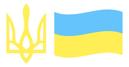Coat of arms and flag of Ukraine in national patriotic colors blue and yellow isolated on white background mini set. Country symbols and emblems. Stop war and occupation. Vector illustrationのイラスト素材