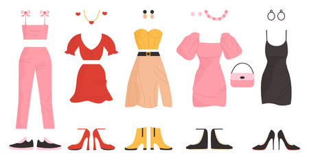 Cocktail dress, blouse and skirt suits, top and pants, earrings and beads, hand bag, high-heeled stiletto shoes, set moccasins. Glamorous stylish clothes. Accessories and jewelry. Vector illustrationのイラスト素材
