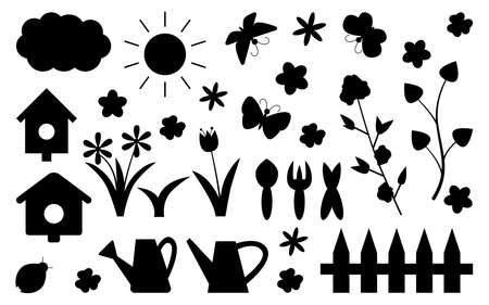 Spring summer silhouette gardening set. Tools, plants, butterflies and ladybug, clover and flowers, watering can and birdhouses, sun and cloud, fence. For children scrapbooking. Vector illustrationのイラスト素材