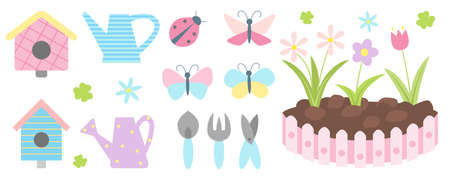 Spring garden flat set with soil and set flowers. Birdhouses, butterflies, watering cans, tools, plants and clover. Gardening for advertising, web, app designs. Elements for decor. Vector illustrationのイラスト素材
