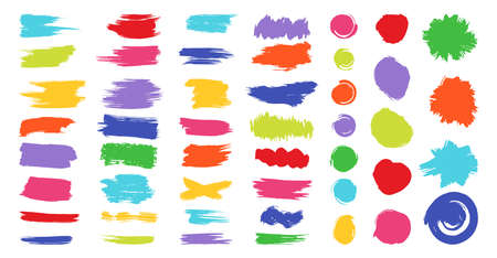 Brush stroke colorful textured set. For label, backgrounds, for tags and stamps design isolated on white background. Children paint. Painted label backgrounds patch. Ink smudges, stains, spots. Vectorのイラスト素材