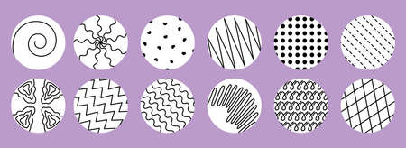 Trendy round with abstract black shapes inside set. Hand drawn modern doodle objects isolated on white background. Spots, waves, hearts, grid, spiral, drops, curves, lines. Vector illustrationのイラスト素材