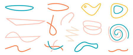 Hand drawn line contour modern abstract shapes, plant and round, bird, blot, spiral and wave objects set. Design for banners, brochures and covers. Minimalist geometric forms. Vector illustrationのイラスト素材