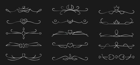 Vintage text dividers set. Silver gradient flourish elements. Calligraphic lines, vintage borders and wedding laurels isolated on black background. Simple separator contour symbol. Vector illustrationのイラスト素材
