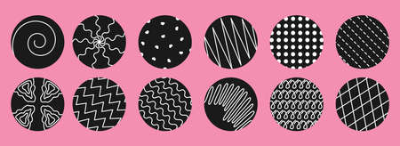 Trendy round with abstract white shapes inside set. Spots, waves, hearts, grid, spiral, drops, curves, lines. Hand drawn modern doodle objects isolated on black background. Vector illustrationのイラスト素材