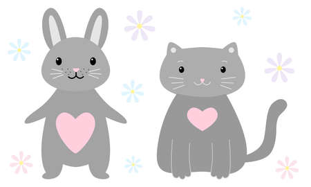 Gray cat and rabbit are made in the same style with pink hearts on chest. Childrens animals pets for decoration, for web design, for decoration isolated on white background. Vector illustrationのイラスト素材