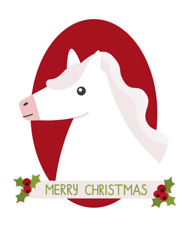 Flat vector Christmas illustration of a white horse with a red oval background. The horse has a flowing white mane, and a Merry Christmas banner poster with holly decorations is placed belowのイラスト素材