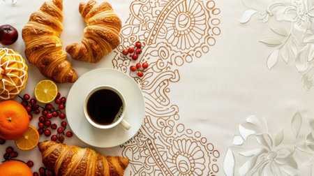 Coffee cup and croissants with oranges, lemon slices, berries, and lace tablecloth creating a festive and cozy breakfast atmosphereの素材
