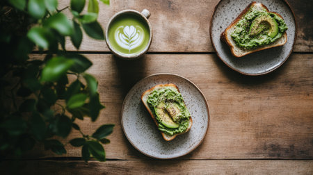 Overhead view of two avocado toasts on speckled plates with a matcha latte on a rustic wooden table. Healthy and vibrant breakfast sceneの素材