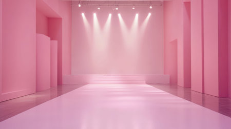 Empty fashion runway in pastel pink with spotlights illuminating the center. Minimalist and bright space for presentationの素材