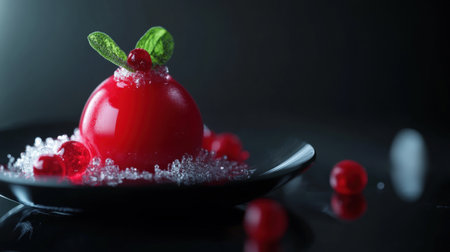 Red spherical dessert with glossy finish and green mint leaves. Surrounded by sugar crystals and berries on a dark reflective plate. Elegant presentationの素材