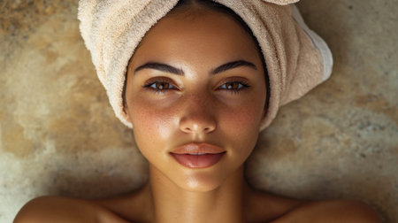 Close-up portrait of a relaxed woman with freckles and a towel on her head, lying on a textured surface, suggesting a natural beauty treatment or peaceful restの素材