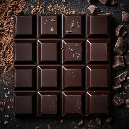 A square of intense dark chocolate surrounded by loose shavings and broken chunks on a deep black backdropの素材