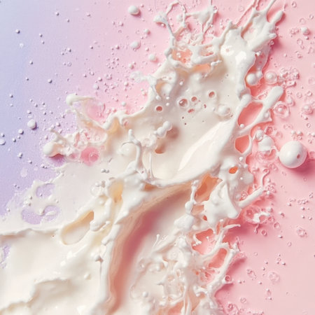 Creamy liquid splash captured in motion on pastel pink and violet background with air bubbles and texture, evoking abstract food or cosmetic imagery with dynamic movement and fluid textureの素材
