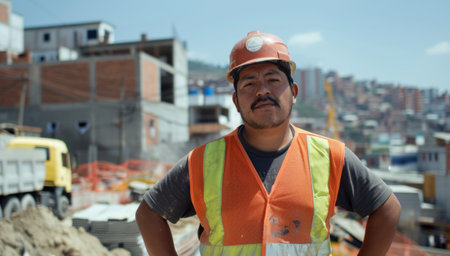 A male construction worker with a mustache, wearing a hard hat and safety vest, stands on a building site against an urban backdropの素材