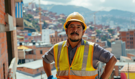 A determined construction worker in a hard hat and safety vest stands confidently at a building site with an urban backdropの素材